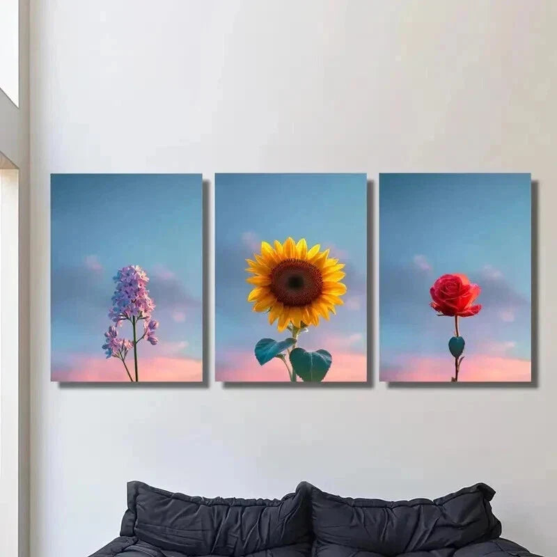 3pcs Purple Lilac Sunflower Rose and Fresh Sky Wall Art Set Canvas Framed 40x60cm - High Quality Print 100% Australian Made Wall Canvas Ready to Hang