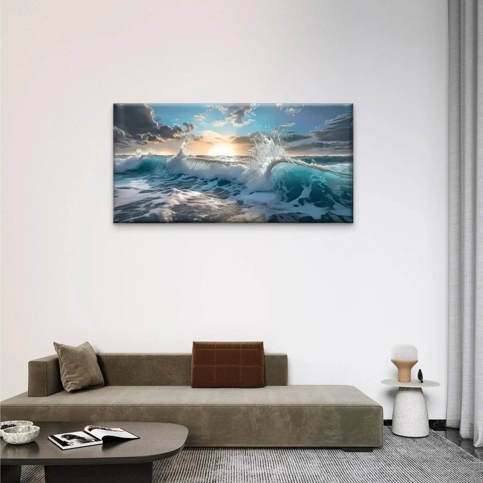 Sunset Ocean Clouds Wave Wall Art Canvas Office Home Room Framed 80x45cm