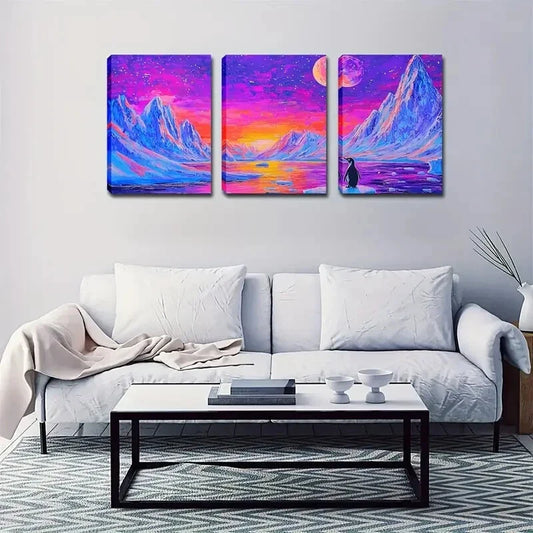 3pcs  Moon in the Style of a Mountain Landscape Wall Art Set Canvas Framed 40x60cm - High Quality Print 100% Australian Made Wall Canvas Ready to Hang