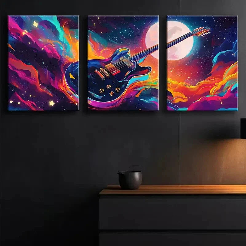 3pcs Colorful Electric Guitar Space Themed Wall Art Set Canvas Framed 40x60cm - High Quality Print 100% Australian Made Wall Canvas Ready to Hang