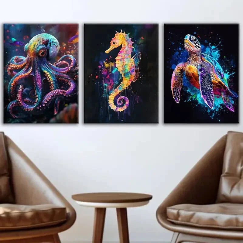 3pcs Abstract Neon Animals Octopus Seahorse Blue Wall Art Set Canvas Framed 40x60cm - High Quality Print 100% Australian Made Wall Canvas Ready to Hang