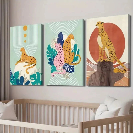3pcs Abstract Cartoon Leopard And Plant Leaves Wall Art Set Canvas Framed 40x60cm - High Quality Print 100% Australian Made Wall Canvas Ready to Hang