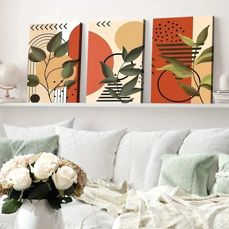 3pcs Modern Art Plants Linear Terracotta Tones Wall Art Set Canvas Framed 40x60cm - High Quality Print 100% Australian Made Wall Canvas Ready to Hang