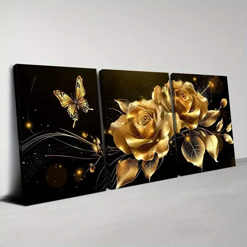 3pcs Beautiful Modern Golden Floral & Butterfly Wall Art  Set Canvas Framed 40x60cm - High Quality Print 100% Australian Made Wall Canvas Ready to Hang