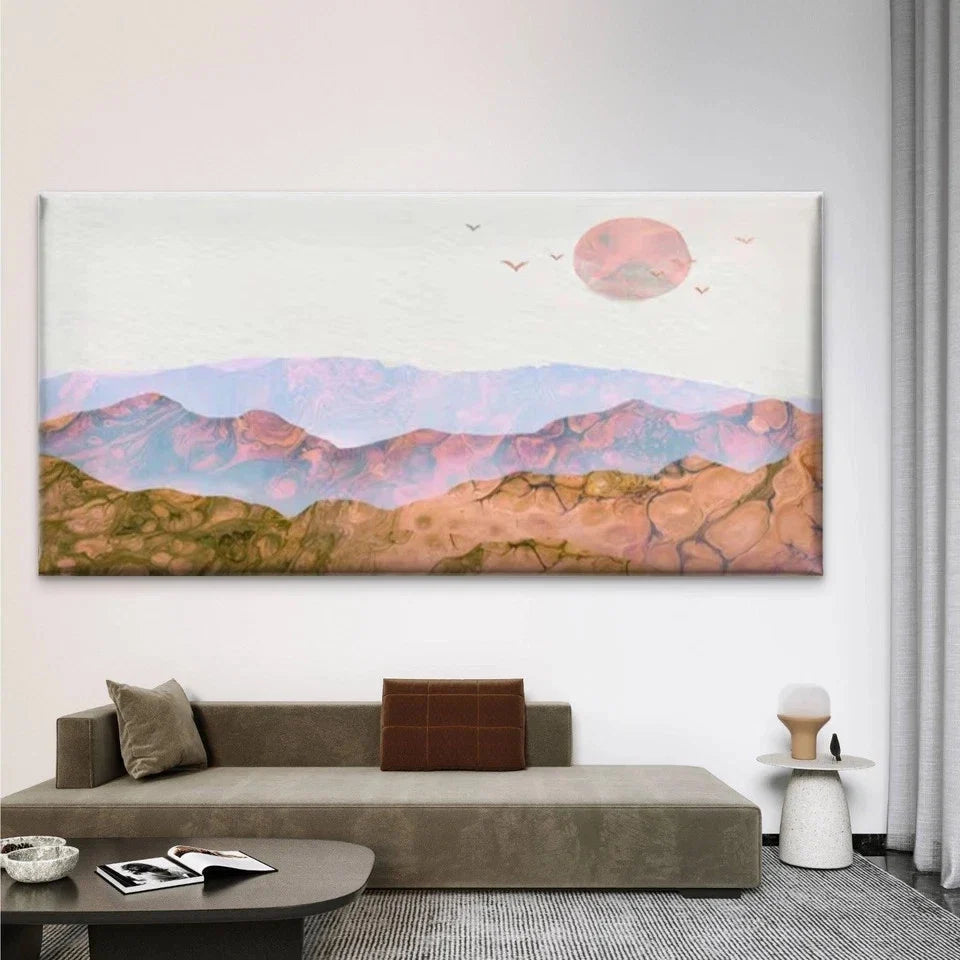 Pink & Beige Mountain & Sky Wall Art Canvas Office Home Room Framed 120x60cm