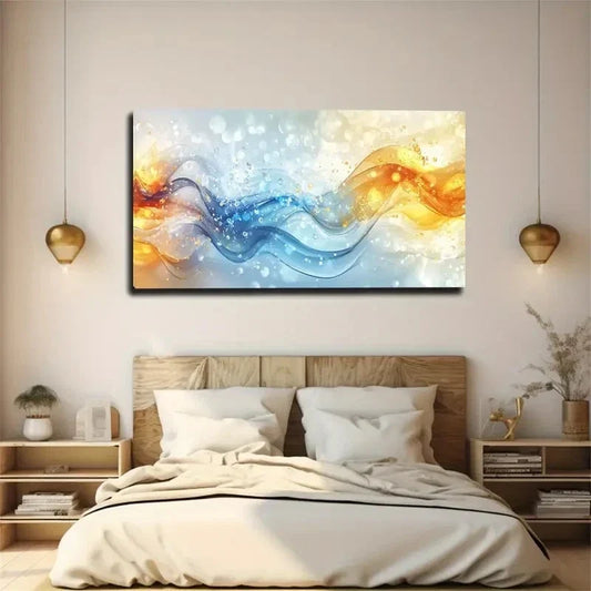 Blue & Yellow Abstract Waves Wall Art Canvas Office Home Room Framed 120x60cm