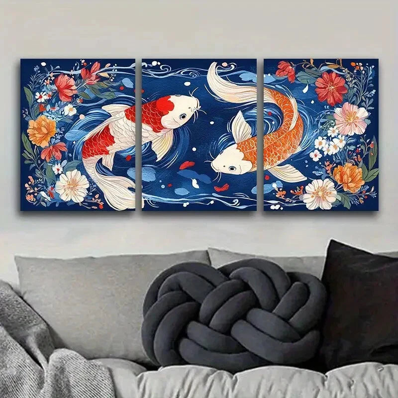 3pcs Red and White Koi Fish with Vibrant Metal Print Ready to Hang Art