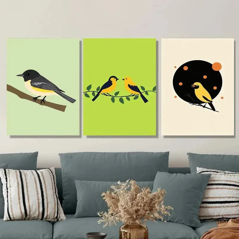 3pcs Vibrant Green Background with Black & White Metal Print Ready to Hang Art