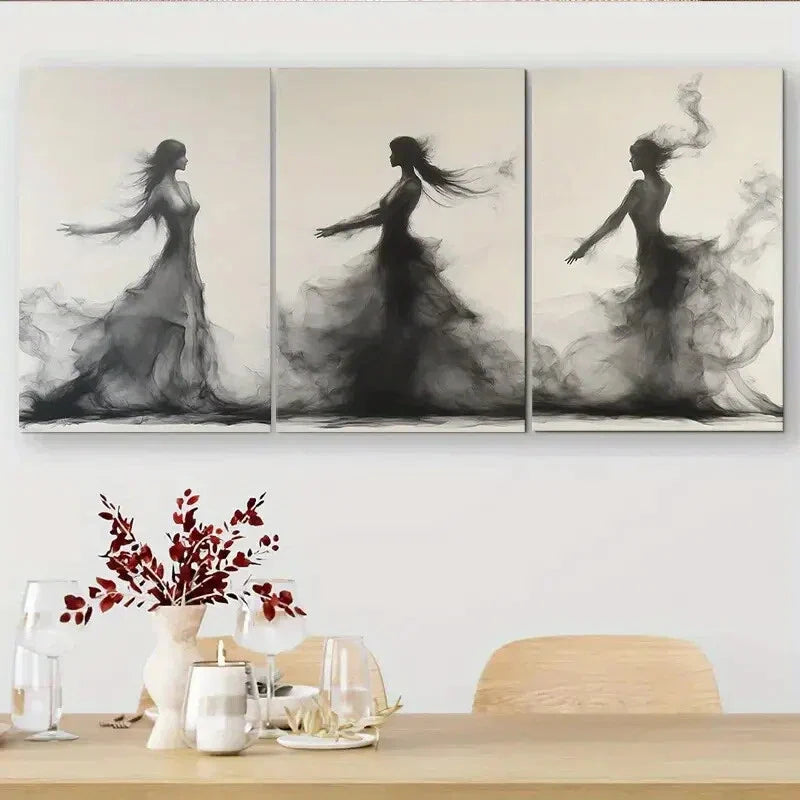3pcs Flowing Black White Figures Smoky Perfect Wall Art Set Canvas Framed 40x60cm - High Quality Print 100% Australian Made Wall Canvas Ready to Hang