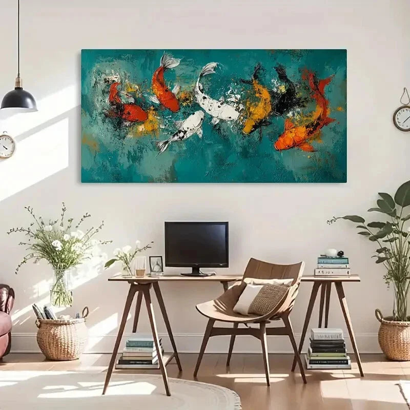 Vibrant Koi Fish Design Ocean Wall Art Canvas Office Home Room Framed 80x45cm
