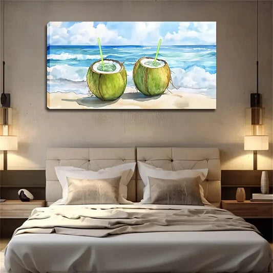 Two Cut Green Coconut Straw Wall Art Canvas Office Home Room Framed 120x60cm