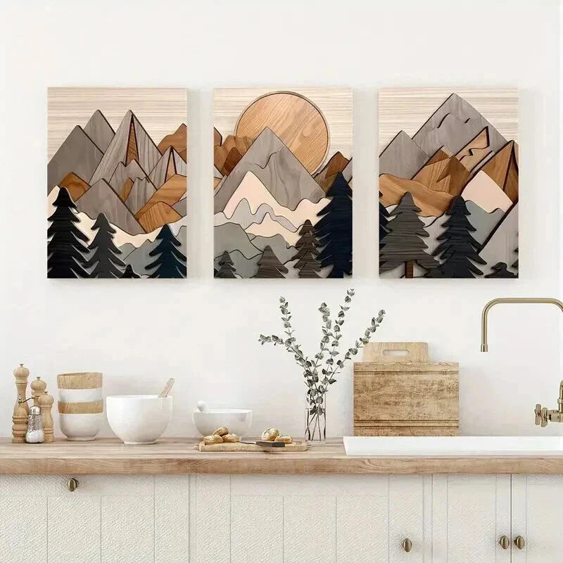 3pcs Nature Landscape Trees Mountains Sun Wall Art Set Canvas Framed 40x60cm - High Quality Print 100% Australian Made Wall Canvas Ready to Hang