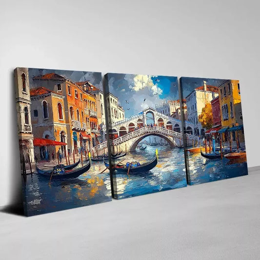 3pcs Prosperous  Water City with Building View Wall Art Set Canvas Framed 40x60cm - High Quality Print 100% Australian Made Wall Canvas Ready to Hang