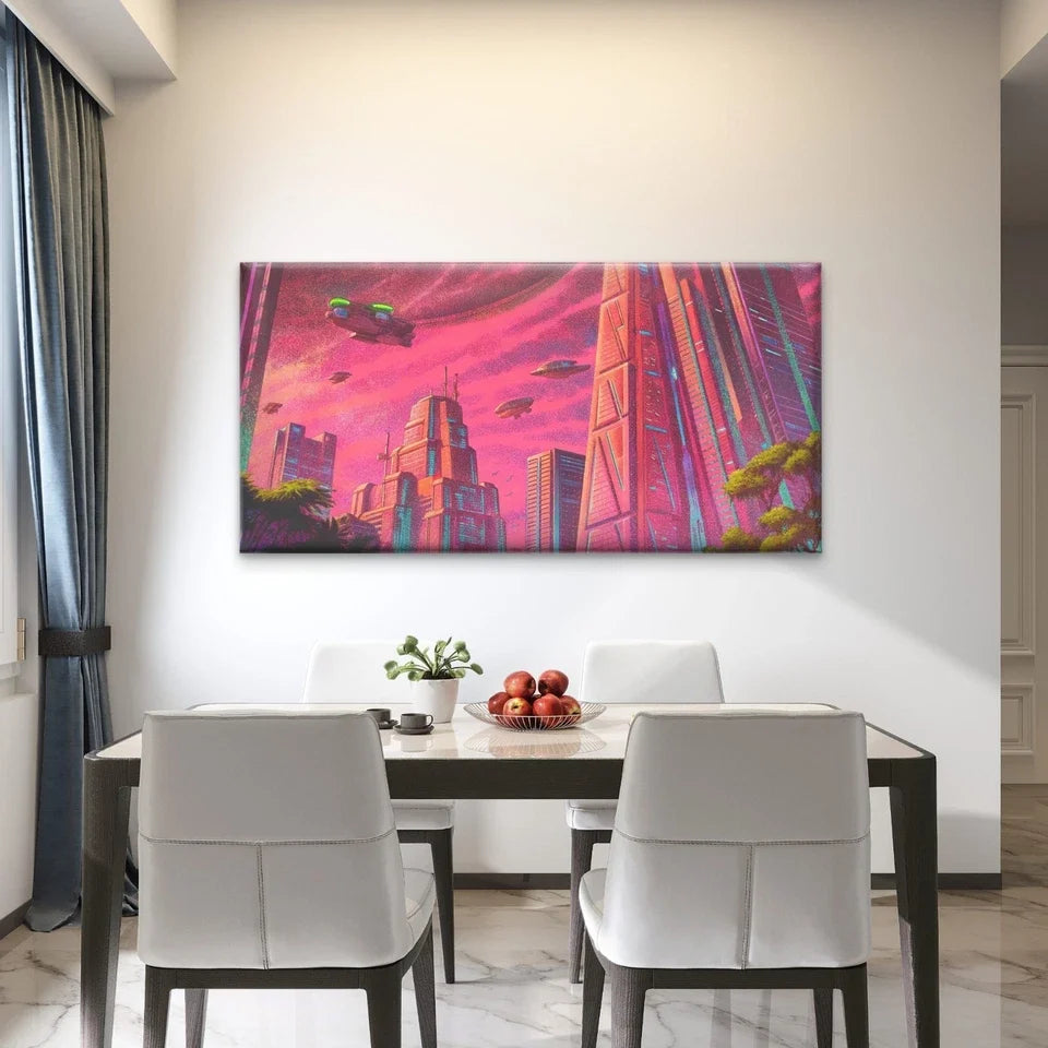 Retro Futuristic Cityscape Wall Art Canvas Office Home Room Framed 80x45cm