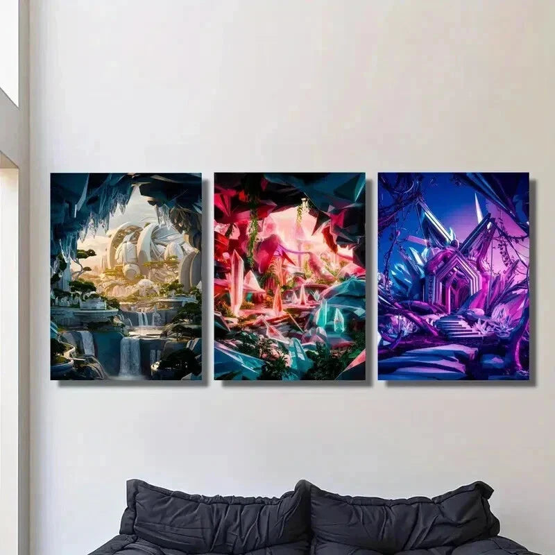 3pcs Sci-Fi Fantasy Landscape Theme Wall Art Set Canvas Framed 40x60cm - High Quality Print 100% Australian Made Wall Canvas Ready to Hang