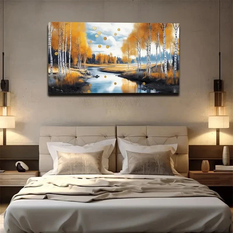 Realistic Autumn Birch Trees Wall Art Canvas Office Home Room Framed 120x60cm
