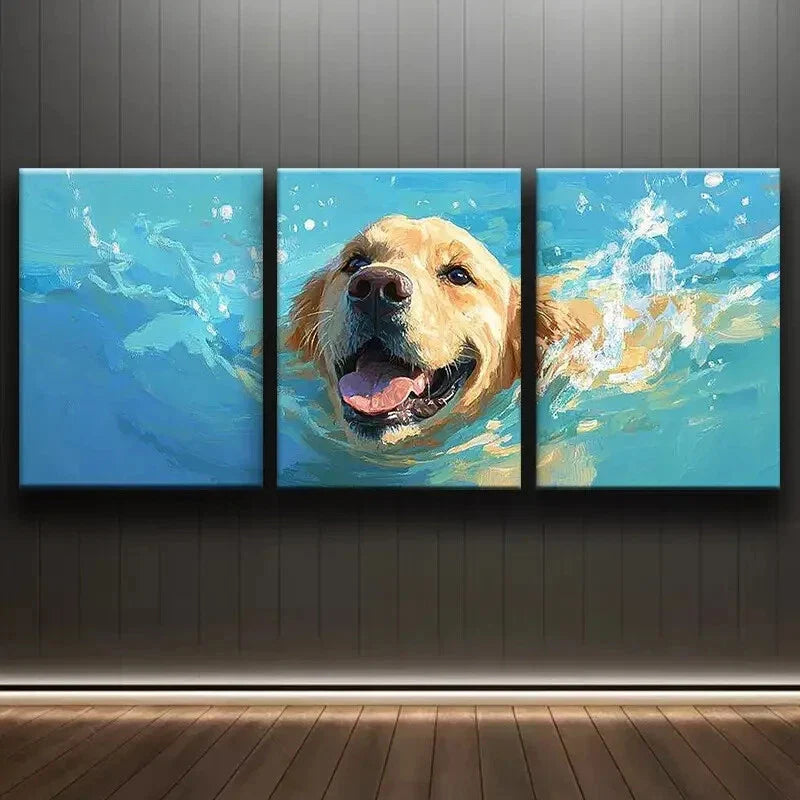 3pcs Colorful Swimming Puppy Blue Water Perfect Wall Art Set Canvas Framed 40x60cm - High Quality Print 100% Australian Made Wall Canvas Ready to Hang