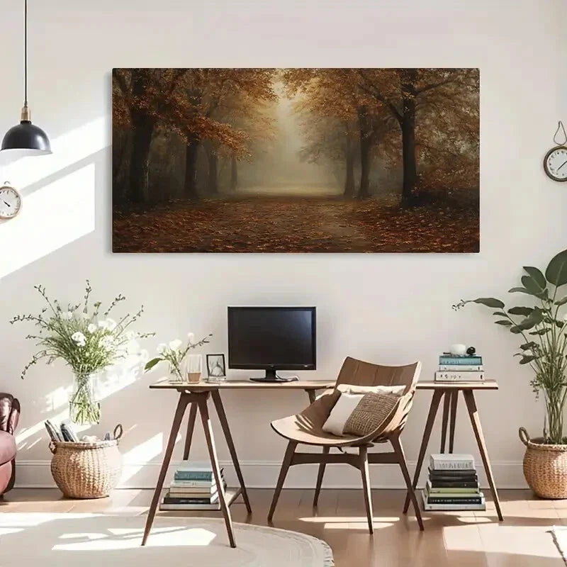 Misty Sunlit Trees & Falling Wall Art Canvas Office Home Room Framed 120x60cm