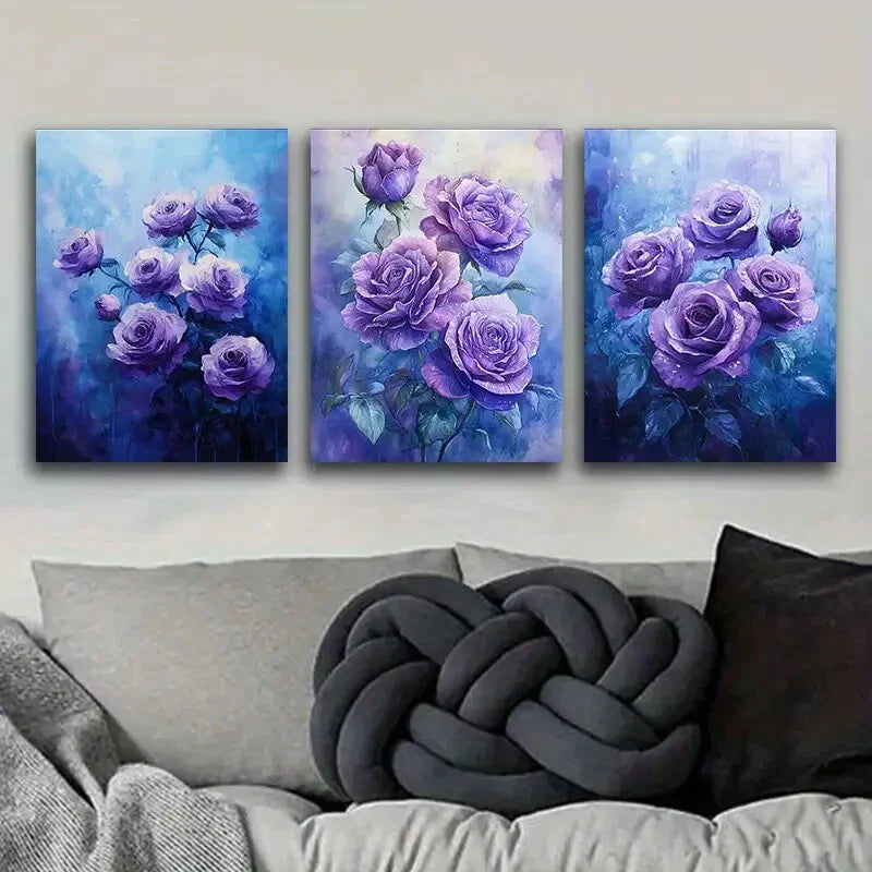 3pcs Purple Rose Night Purple Floral Perfect Wall Art Set Canvas Framed 40x60cm - High Quality Print 100% Australian Made Wall Canvas Ready to Hang