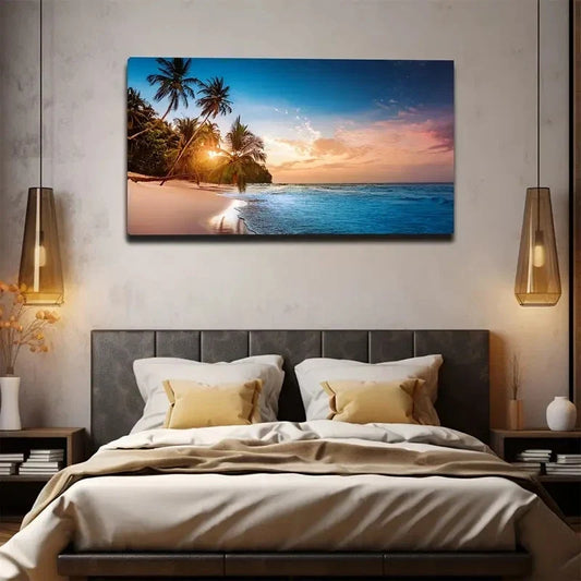 Tropical Beach Sunset Wall Art Canvas Office Home Room Framed 80x45cm