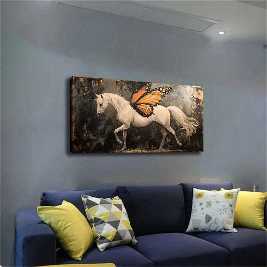 A White Horse with A Butterfly Wall Art Canvas Office Home Room Framed 120x60cm
