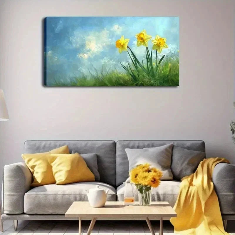 Vibrant Daffodils Lush Greenery Wall Art Canvas Office Home Room Framed 120x60cm