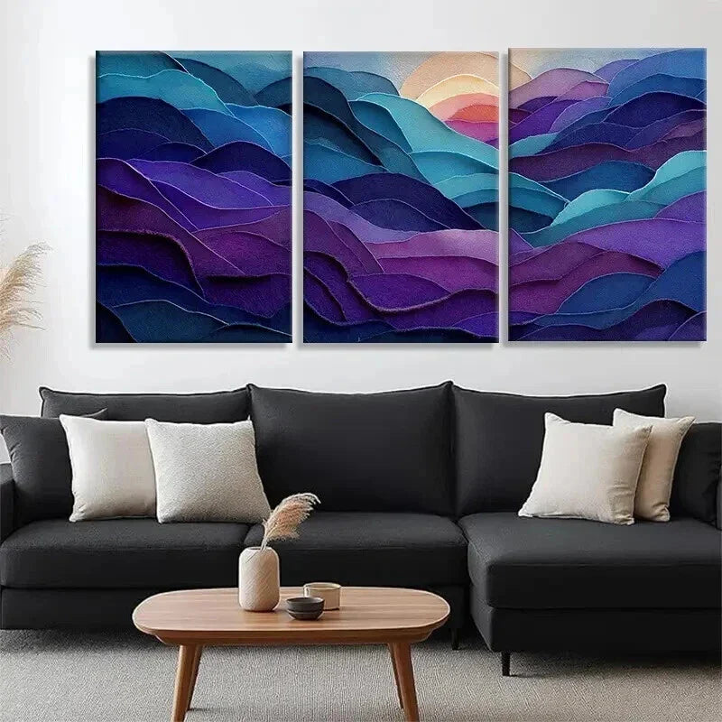 3pcs Elegant Purple and Teal Layered Perfect Wall Art Set Canvas Framed 40x60cm - High Quality Print 100% Australian Made Wall Canvas Ready to Hang