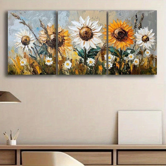 3pcs Abstract Charming Sunflower Yellow & White Metal Print Ready to Hang Art