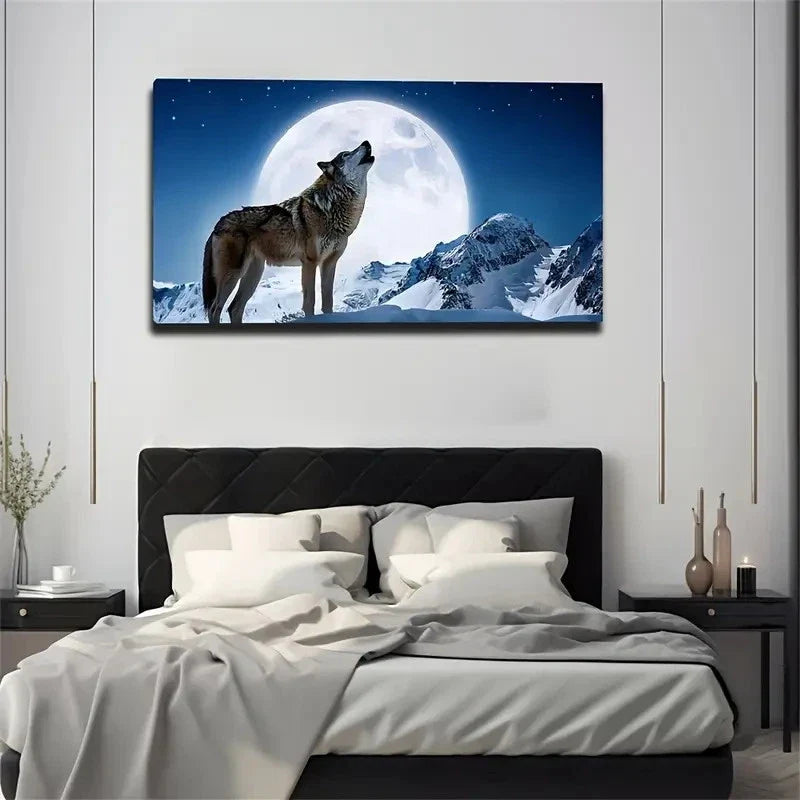 Moonlit Snow Wolf Wall Art Canvas Office Home Room Framed 80x45cm