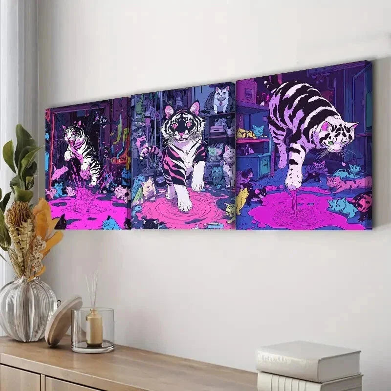 3pcs Featuring a Black And White Tiger Adorned Wall Art Set Canvas Framed 40x60cm - High Quality Print 100% Australian Made Wall Canvas Ready to Hang