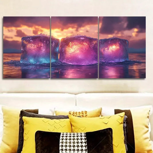 3pcs  Ice Cubes Design, Coastal Landscape Wall Art Set Canvas Framed 40x60cm - High Quality Print 100% Australian Made Wall Canvas Ready to Hang
