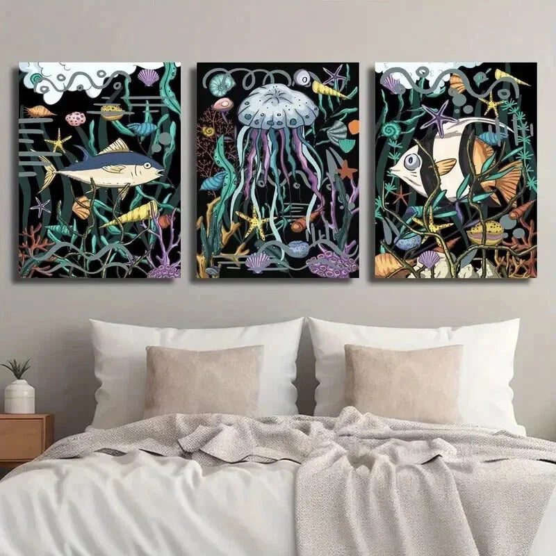 3pcs Cartoon Fish Jellyfish Shells And Corals Wall Art Set Canvas Framed 40x60cm - High Quality Print 100% Australian Made Wall Canvas Ready to Hang