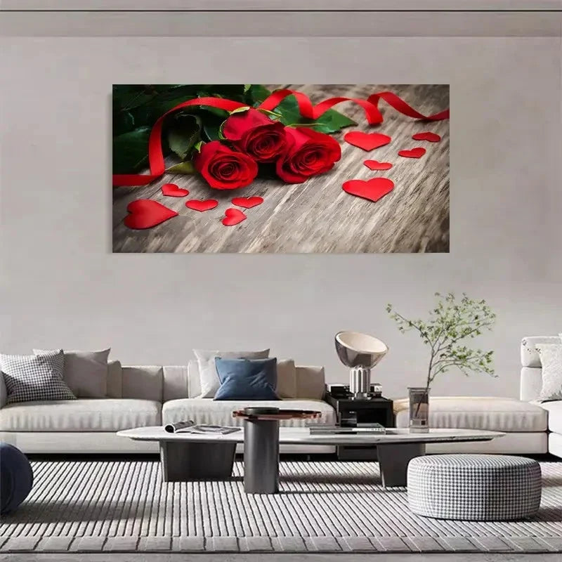 Romantic Red Roses & Love Heart Wall Art Canvas Office Home Room Framed 120x60cm