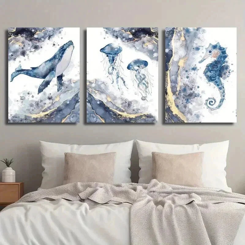 3pcs Blue & Golden Whale Jellyfish Seahorse Wall Art Set Canvas Framed 40x60cm - High Quality Print 100% Australian Made Wall Canvas Ready to Hang
