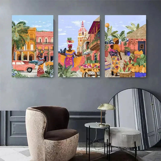 3pcs Colorful Cartagena Street Vibrant City Metal Print Ready to Hang Art