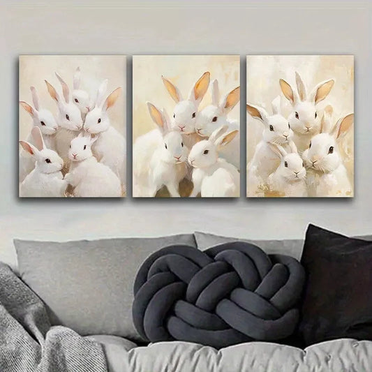 3pcs White Rabbits Canvas Adorable Animals  Wall Art Set Canvas Framed 40x60cm - High Quality Print 100% Australian Made Wall Canvas Ready to Hang