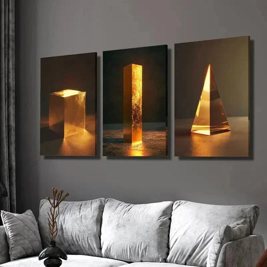 3pcs Luxurious Golden Cube Triangle Decoration Wall Art Set Canvas Framed 40x60cm - High Quality Print 100% Australian Made Wall Canvas Ready to Hang