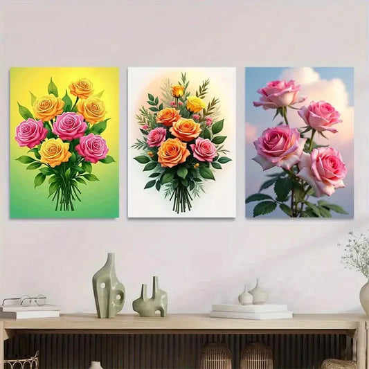 3pcs Elegant Rose & Lily Flower Metal Print Ready to Hang Art