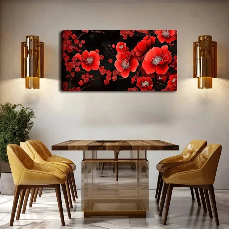 Blooming Red Flowers on Black Wall Art Canvas Office Home Room Framed 120x60cm