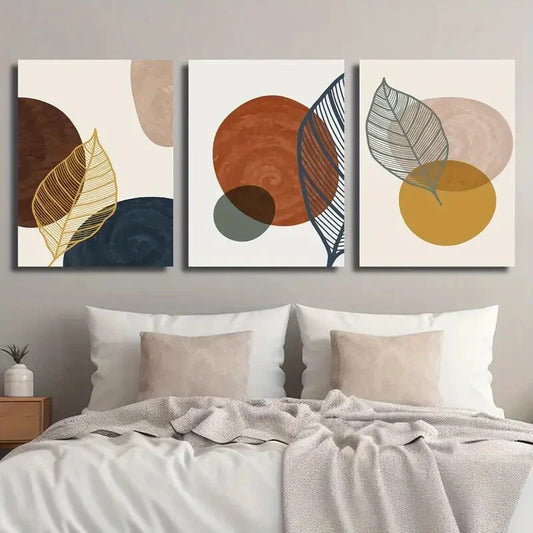 3pcs Colorful Geometric Shape Golden Plant Leaves Metal Print Ready to Hang Art