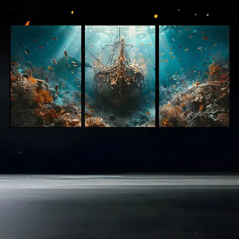 3pcs Submarine Boat Underwater Metal Print Ready to Hang Art