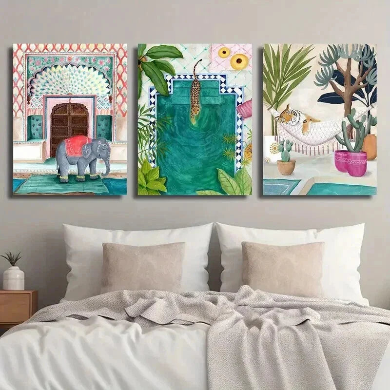 3pcs Moroccan Nordic Jungle Elephant Tiger Wall Art Set Canvas Framed 40x60cm - High Quality Print 100% Australian Made Wall Canvas Ready to Hang