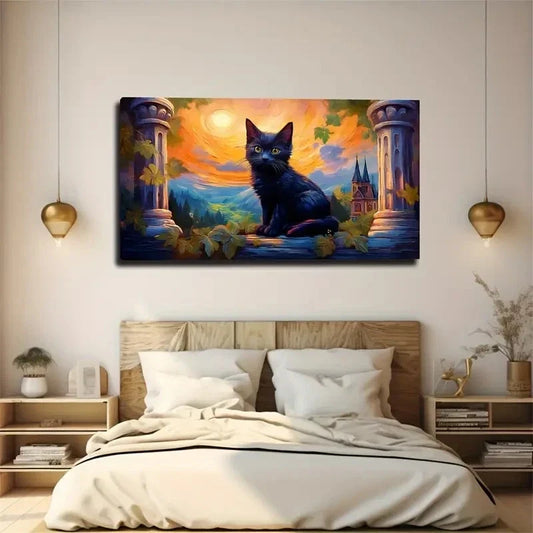 Magical Black Cat Sunset Wall Art Canvas Office Home Room Framed 120x60cm