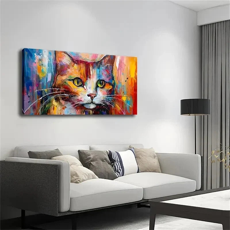 Vibrant Abstract Cat Relaxation Wall Art Canvas Office Home Room Framed 120x60cm