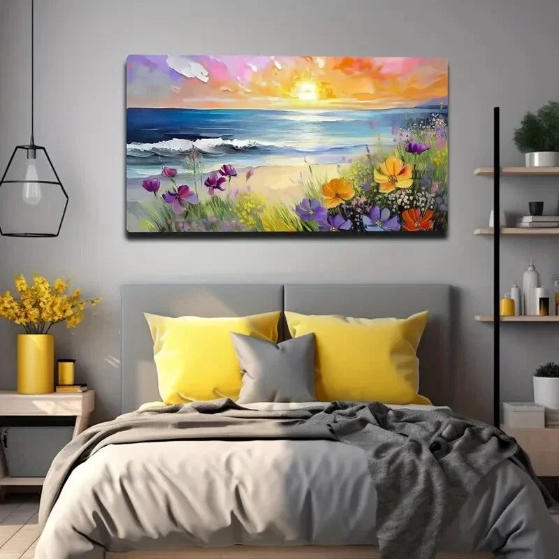 Beach Sunset Colorful Flower Wall Art Canvas Office Home Room Framed 120x60cm