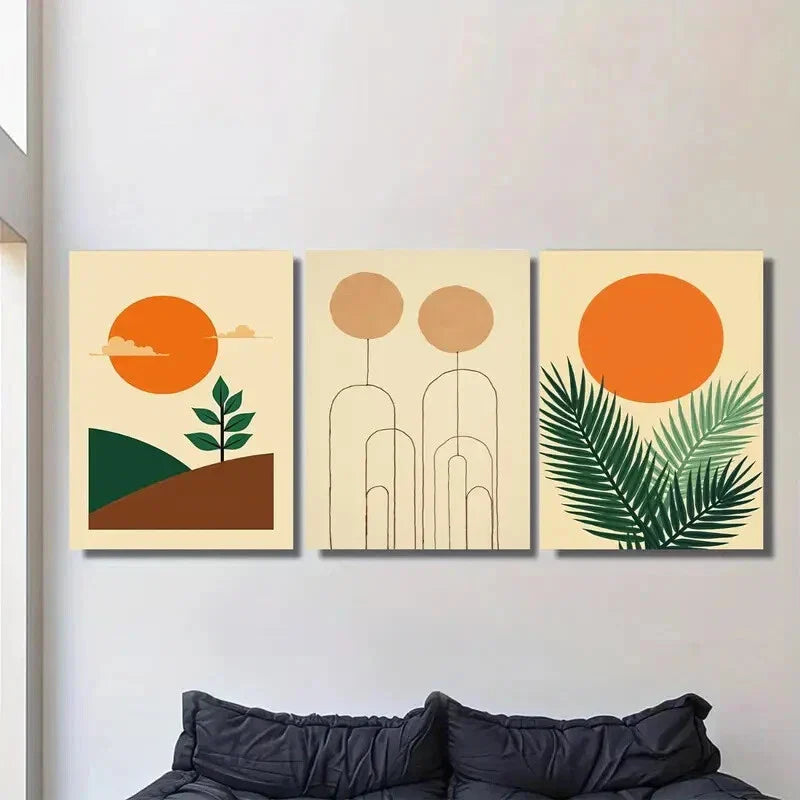 3pcs Modern Abstract Minimalist Sunset and Plant Metal Print Ready to Hang Art