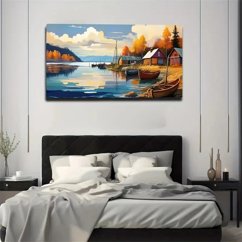 Boats & Autumn Foliage Serene Wall Art Canvas Office Home Room Framed 120x60cm
