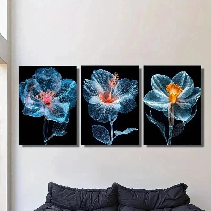 3pcs Translucent Blue Flowers Decoration Wall Art Set Canvas Framed 40x60cm - High Quality Print 100% Australian Made Wall Canvas Ready to Hang