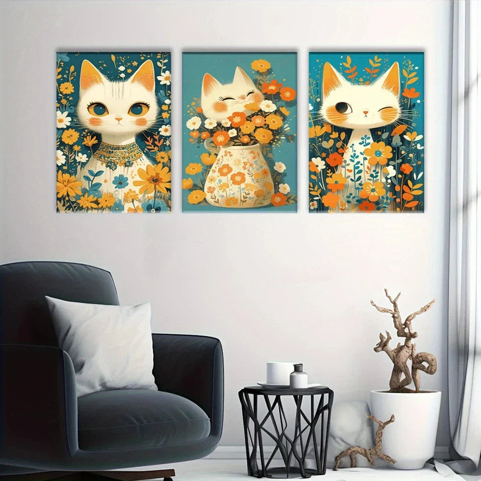 3pcs Aesthetic Cat and Flower Luxury Metal Print Ready to Hang Art