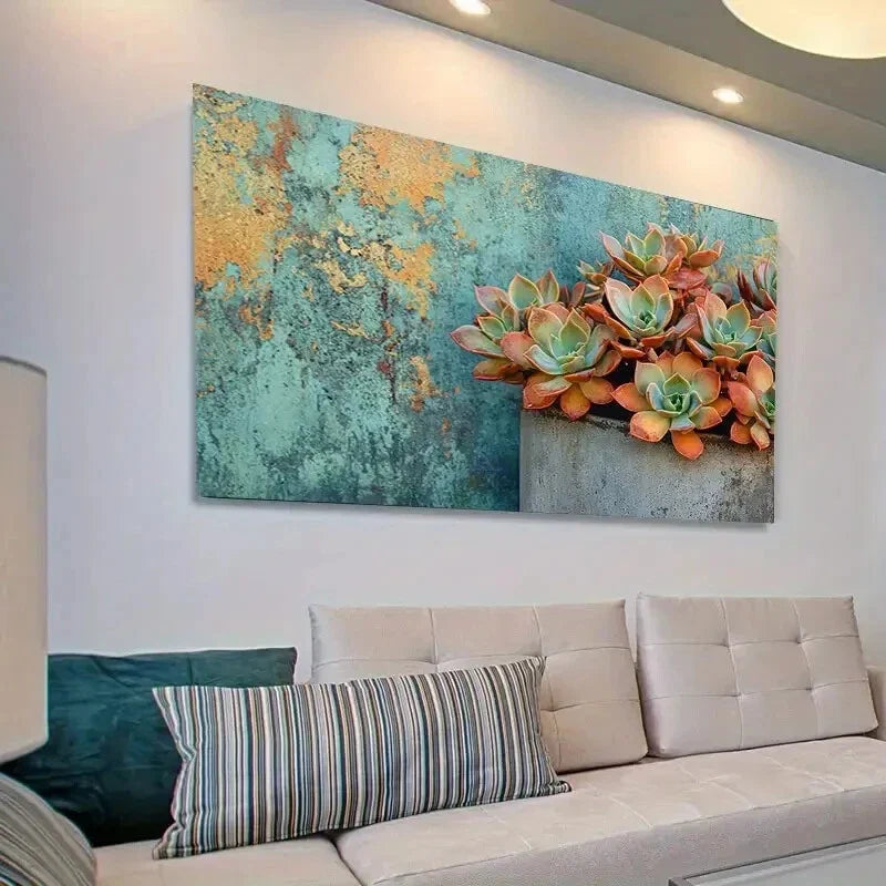 Orange & Green Succulents Wall Art Canvas Office Home Room Framed 120x60cm